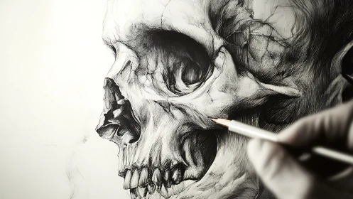 Skull study in pencil, where quiet shadows meet bold lines.