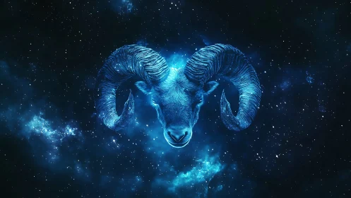 Cosmic blue ram head glows within deep starfield void.