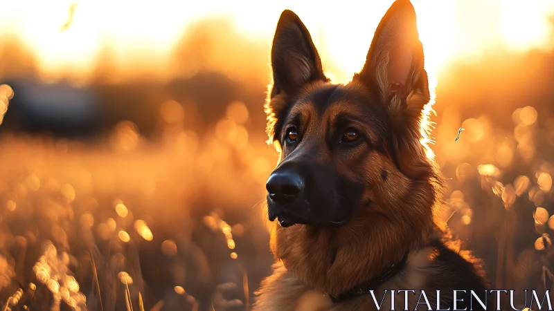 German Shepherd dog stands in warm sunset field glow