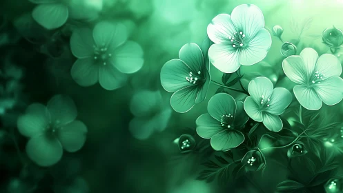 Luminescent Green Floral Cluster: Soft Focus Digital Botanical.
