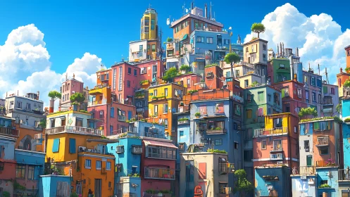 Sunlit hillside city of stacked colorful homes and gardens.