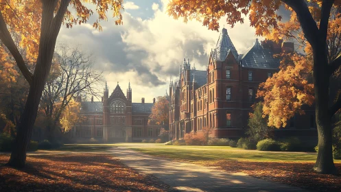Gothic revival campus rendered in warm low angle autumn light