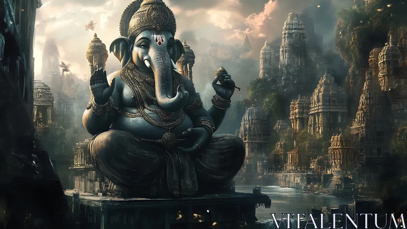 Monumental Ganesh deity in mist-laden temple megastructure.