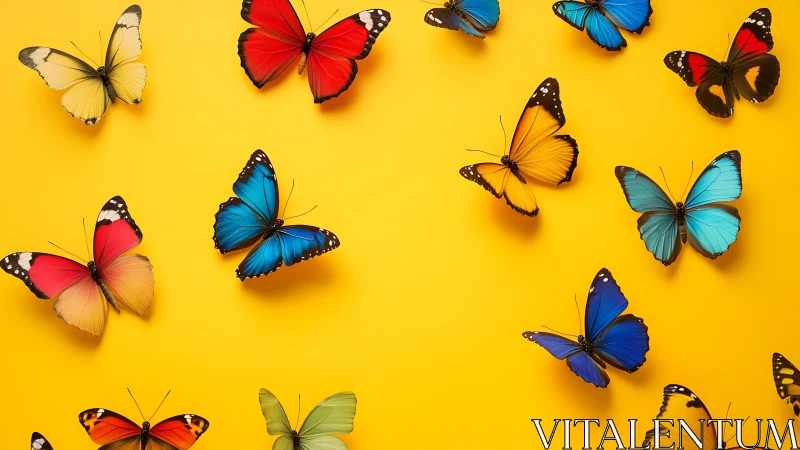 Vibrant butterflies hover over rich yellow minimal background.
