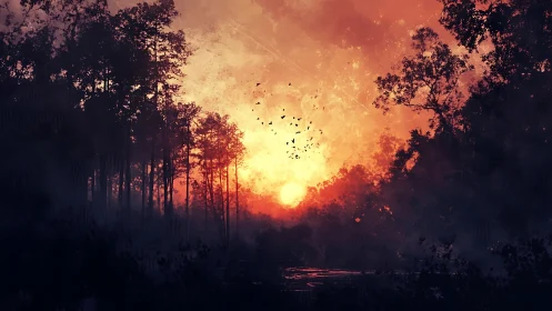Emberlit forest hush with birds swirling through duskfire sky.