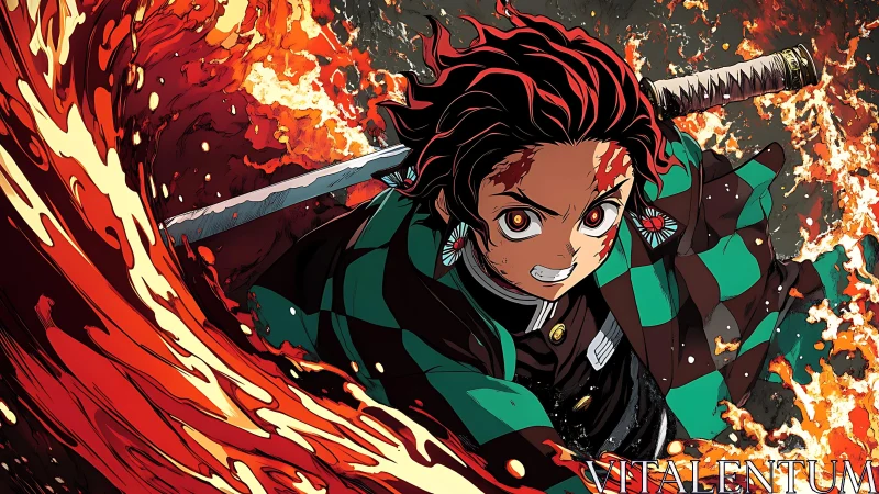 Sword wielding anime fighter surrounded by intense flames.