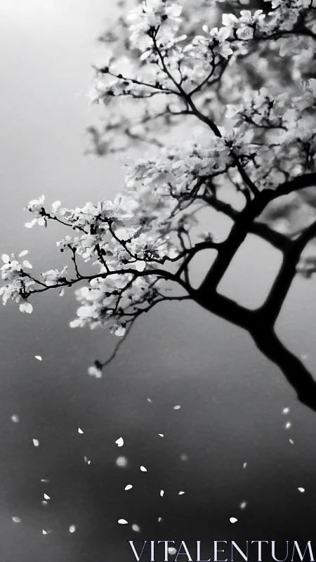 Monochrome blossom study with falling petals in vertical frame.