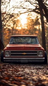 Photorealistic low-angle portrait of vintage Chevy truck front.