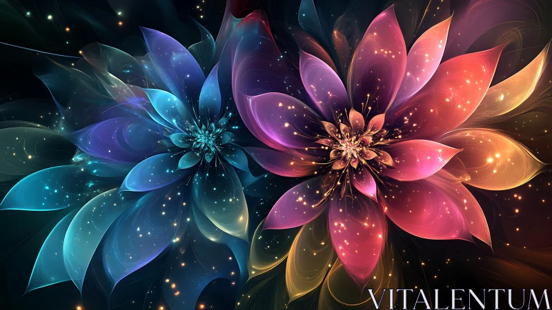 Bicolor fractal flower composition with luminous particle fields