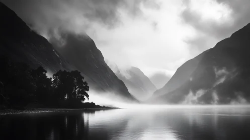 Monochrome mountain fjord with low cloud and calm water.