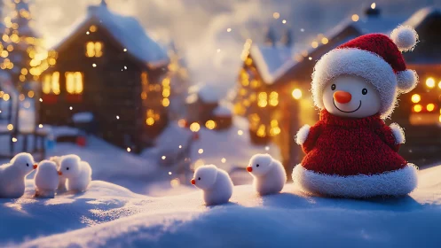 Cozy snowman toy shares a glowing winter evening with friends