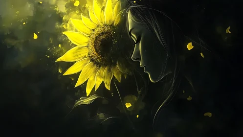 Luminous sunflower beside tranquil female profile in dusk glow.