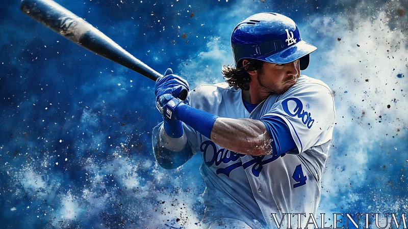 Baseball hitter in Dodgers uniform against blue backdrop.