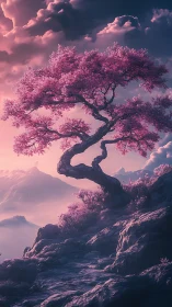 Twisted sakura tree over misted mountains in rosy dusk light.