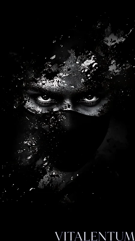 Masked face emerges through fragmented monochrome texture