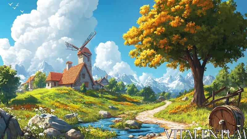Rural windmill landscape with mountains and large tree.