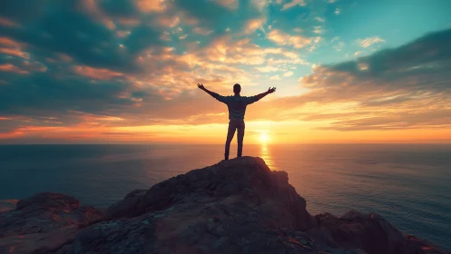 Silhouette stands on rocky cliff embracing vivid ocean sunset
