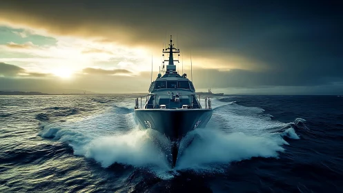 Naval patrol vessel cuts stormy sea under dramatic sunset light