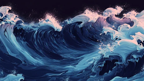 Abstract cyan storm waves twist under midnight sky.