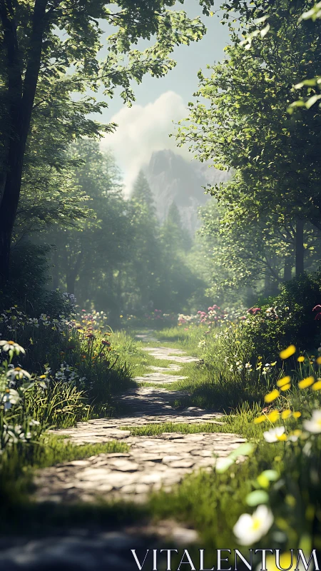 Stone pathway curves through sunlit forest toward distant mountain vista