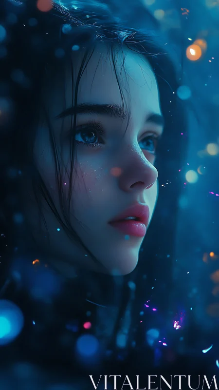 Digital close-up depicts young female face in blue light