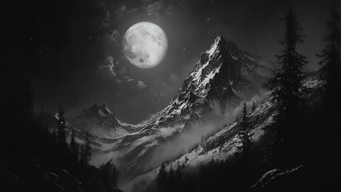 Moonlit alpine peak under night sky in monochrome scene.