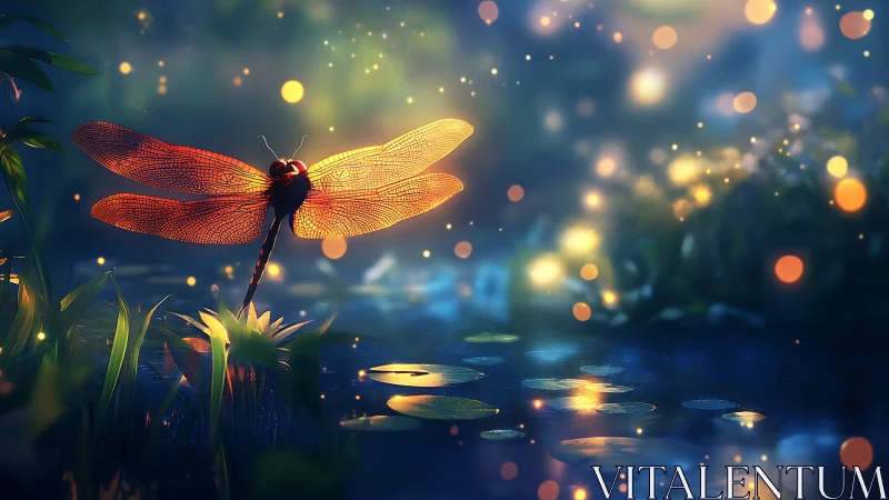 Dragonfly over illuminated pond under soft night light.