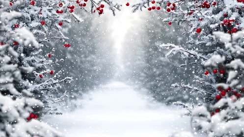 Snow covered forest path bordered by berry laden branches.