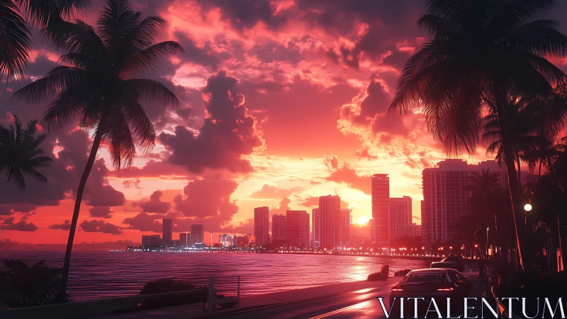 Neon sunset skyline with palm-lined waterfront boulevard.