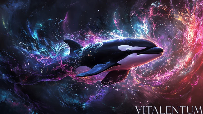 Orca rendered within multicolored cosmic fluid vortex field.