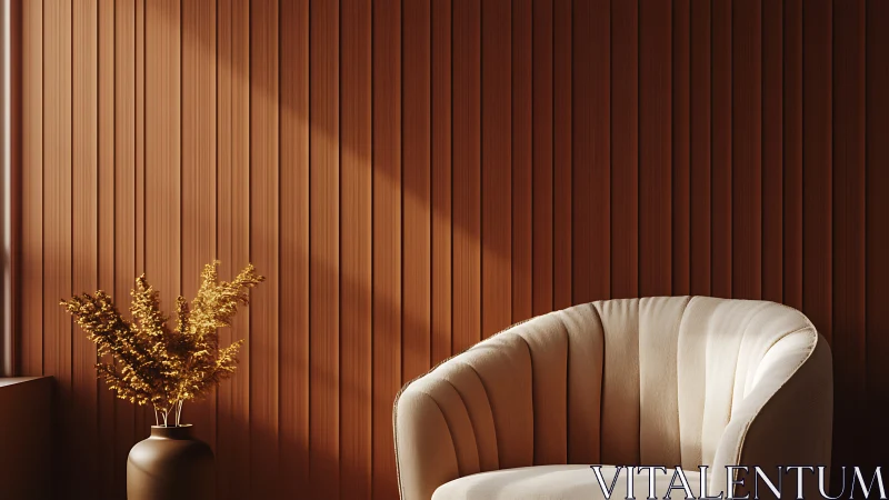 Curved upholstered armchair and vase against slatted wall.