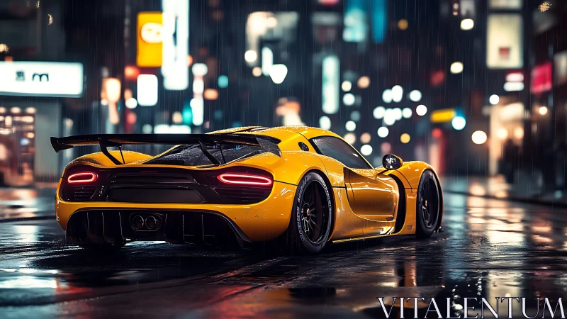 Neon rain crowns a yellow supercar idling in slick city light