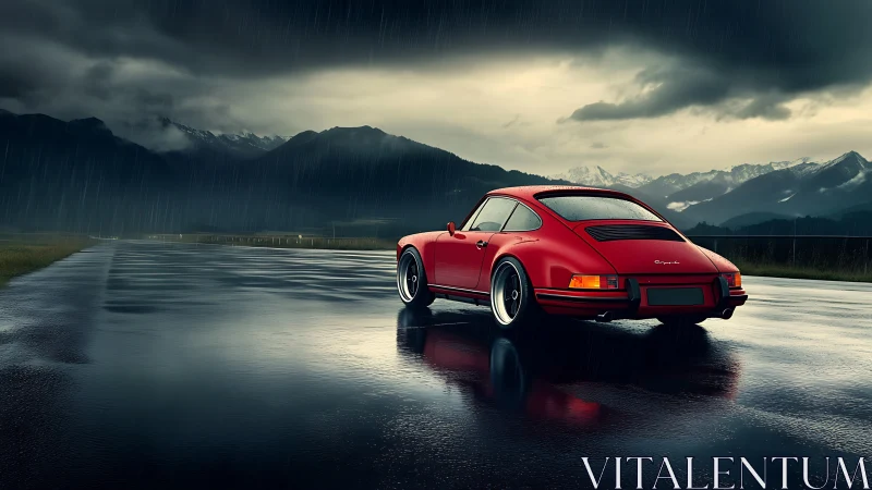 Photorealistic red sports coupe on rain-soaked alpine runway.
