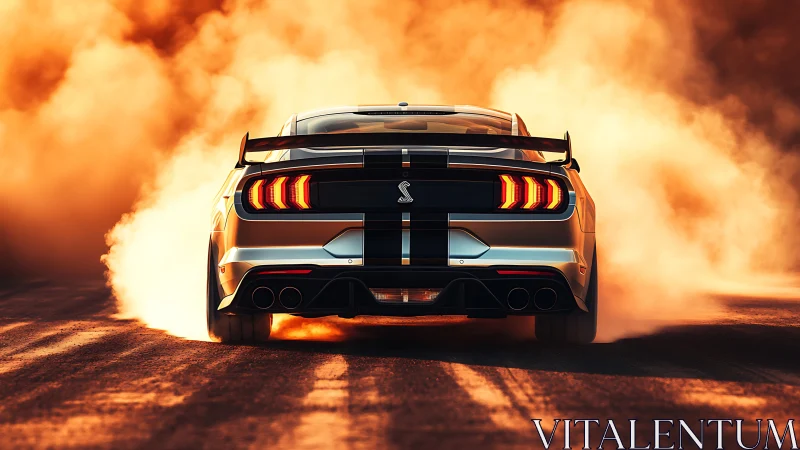 Muscle car launches through fiery dust in dramatic motion.