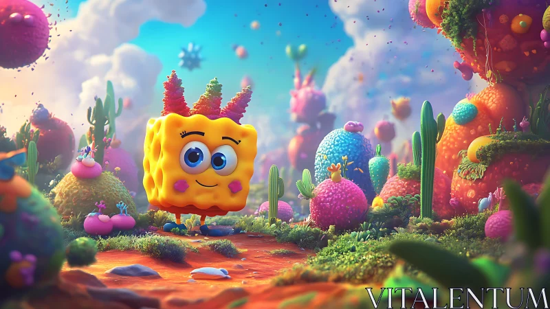 Cheerful sponge friend exploring a dreamy candy-colored world.