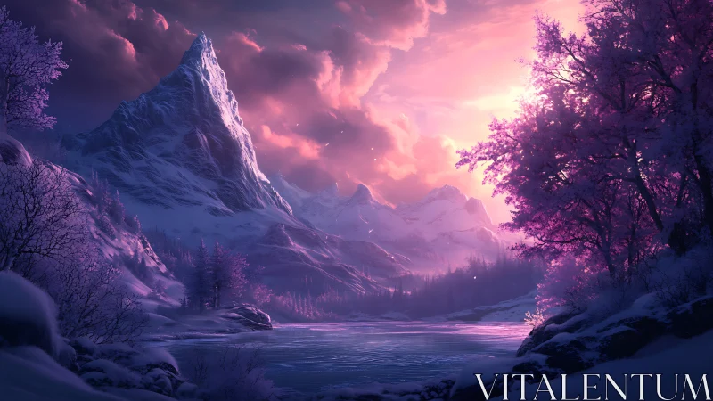 Snow-covered mountain rises above frozen river at sunset