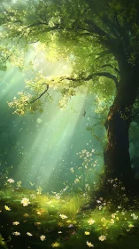 Sunlit forest glade where shy wildflowers gossip softly.