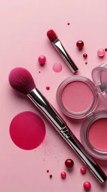 Cosmetic brushes and blush compacts on pink background.