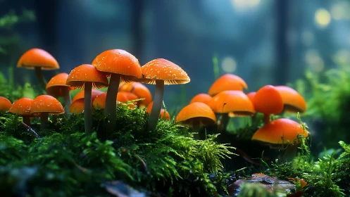 Neon orange mushrooms huddle on a mossy, dreamlit forest floor.