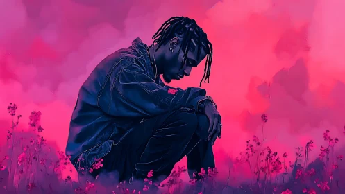 Melancholic figure in neon magenta digital meadowscape.