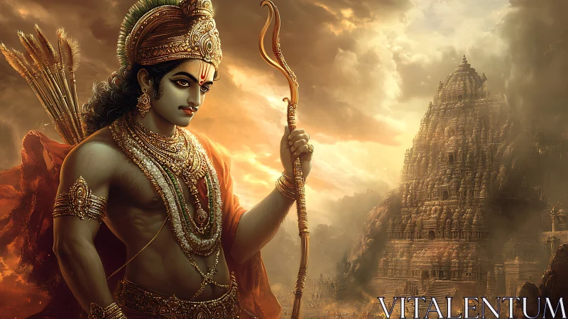 Sunlit archer-king guards a stormlit temple of legends