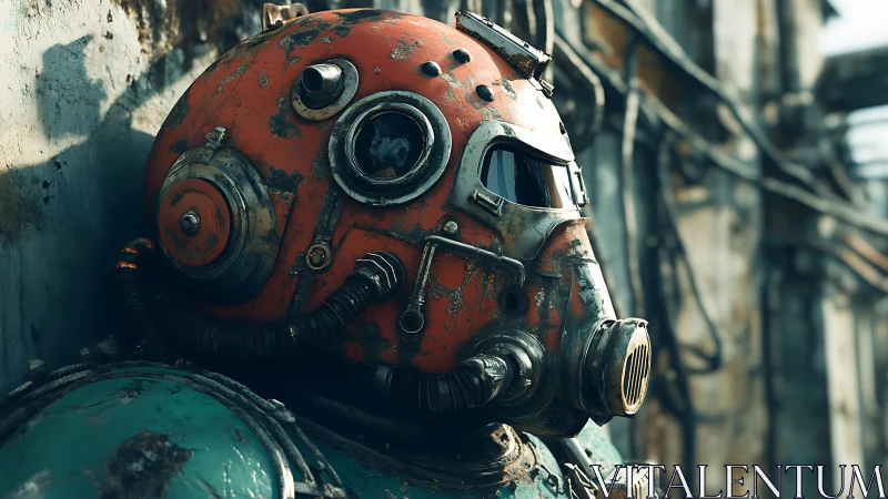 Rust-scarred diver helmet crowns postapocalyptic exosuit