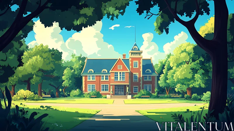 Sunlit brick manor anchors serene tree-framed campus lawn.