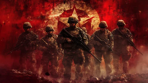 Armored silhouettes stride forward through a storm of crimson fire