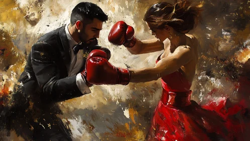 Formal Sparring: Boxing Match Between Suited Gentleman and Red-Gloved Woman
