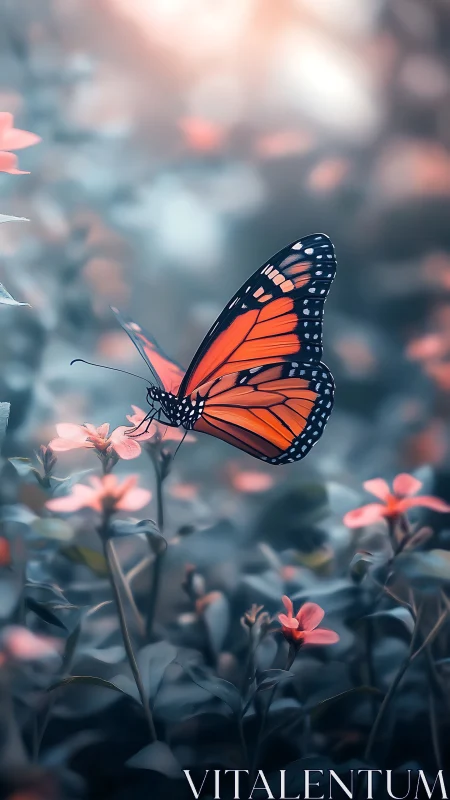 Monarch butterfly poised on blossoms in dreamy dusk garden.