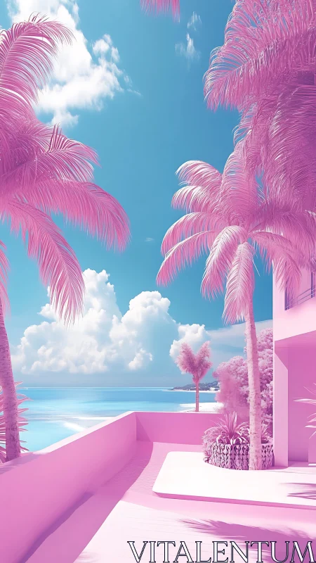 Palm-lined coastal terrace uses monochrome pink palette
