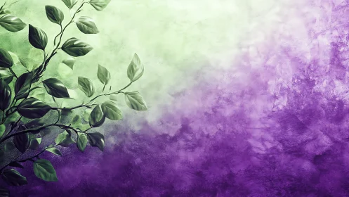 Verdant foliage against textured green to violet gradient field.