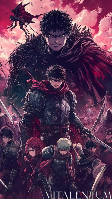 Armored swordsmen group under blood red sky in battle scene.