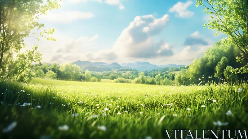Sunlit meadow landscape with distant mountains and soft clouds.